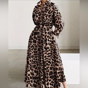 Leopard Print Maxi Dress, Casual Button Front Long Sleeve Dress